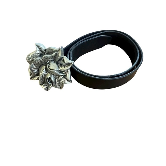 Vintage Rock Rebel Rose Silver Western Goth Buckle Black Leather Belt SZ 38 - Picture 2 of 10